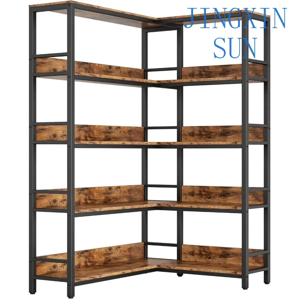 Commercial Simple 5 Tiers Corner Bookcases with Baffles Shelf Storage Rack with Metal Frame