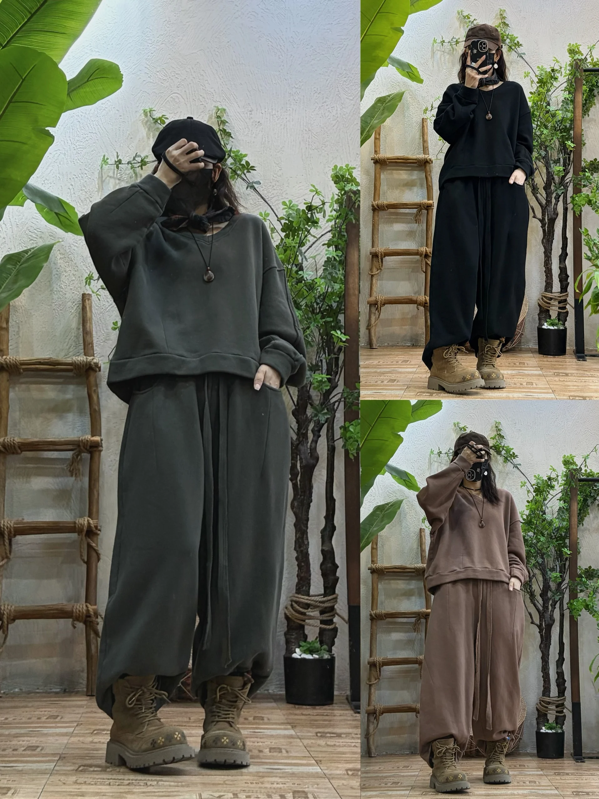 

Retro Distred V-ne Sweatirt Set Women Winter New Loose Casual Harlan Nine-point Two-piece Set Cotton Long Sve