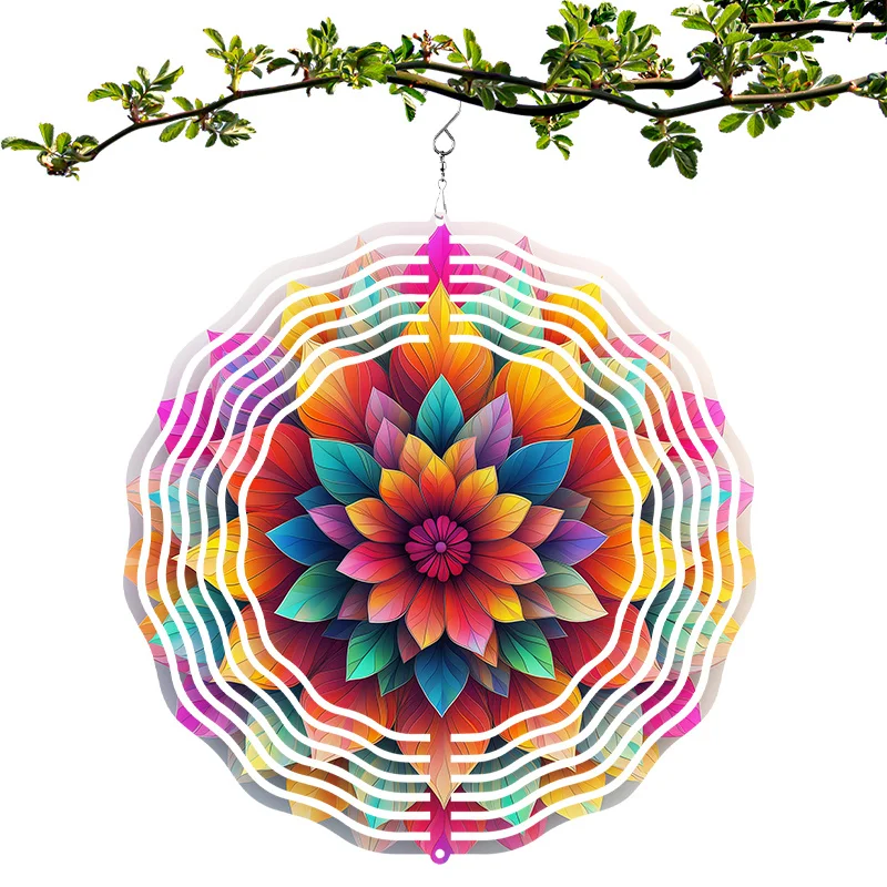 Colorful Mandala Wind Spinner - 360° Rotating Metal Garden Decoration, Outdoor Hanging Wind Chime with Hook for Yard & Patio