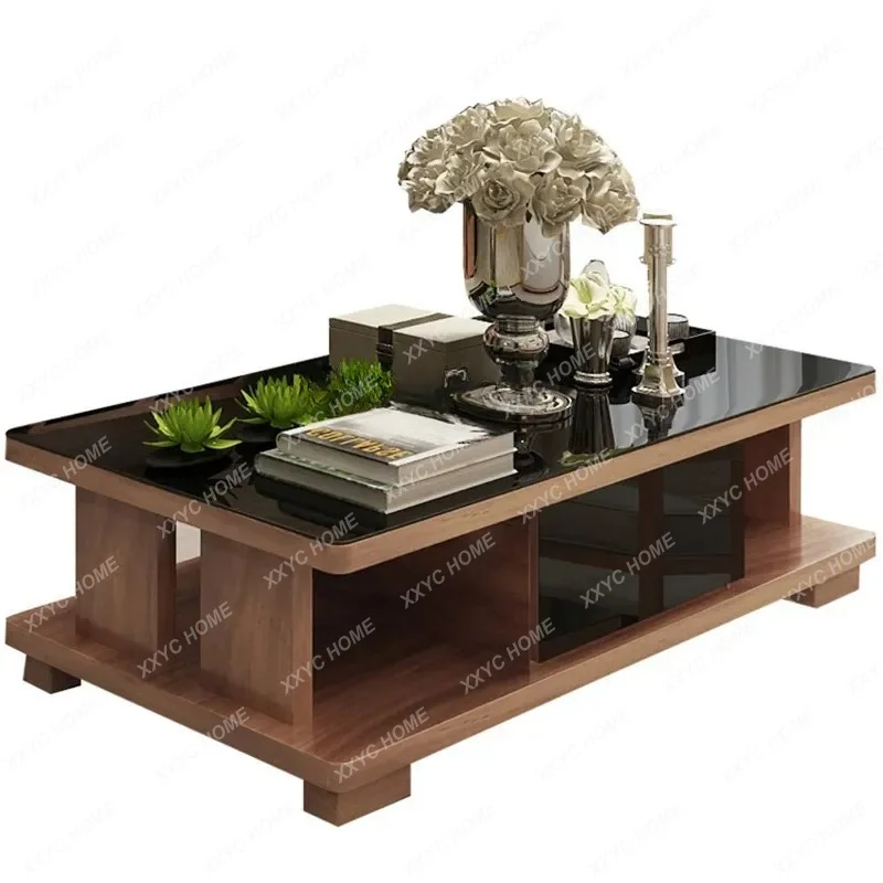 Coffee table solid wood granular walnut wood grain color black tempered glass sofa living room