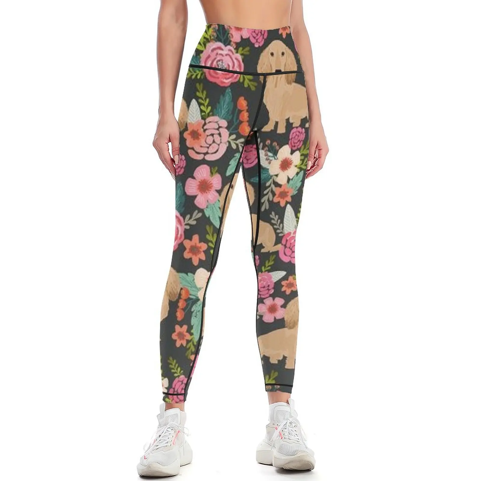 Dachshund Dog with flowers Leggings sports for active wear Womens Leggings