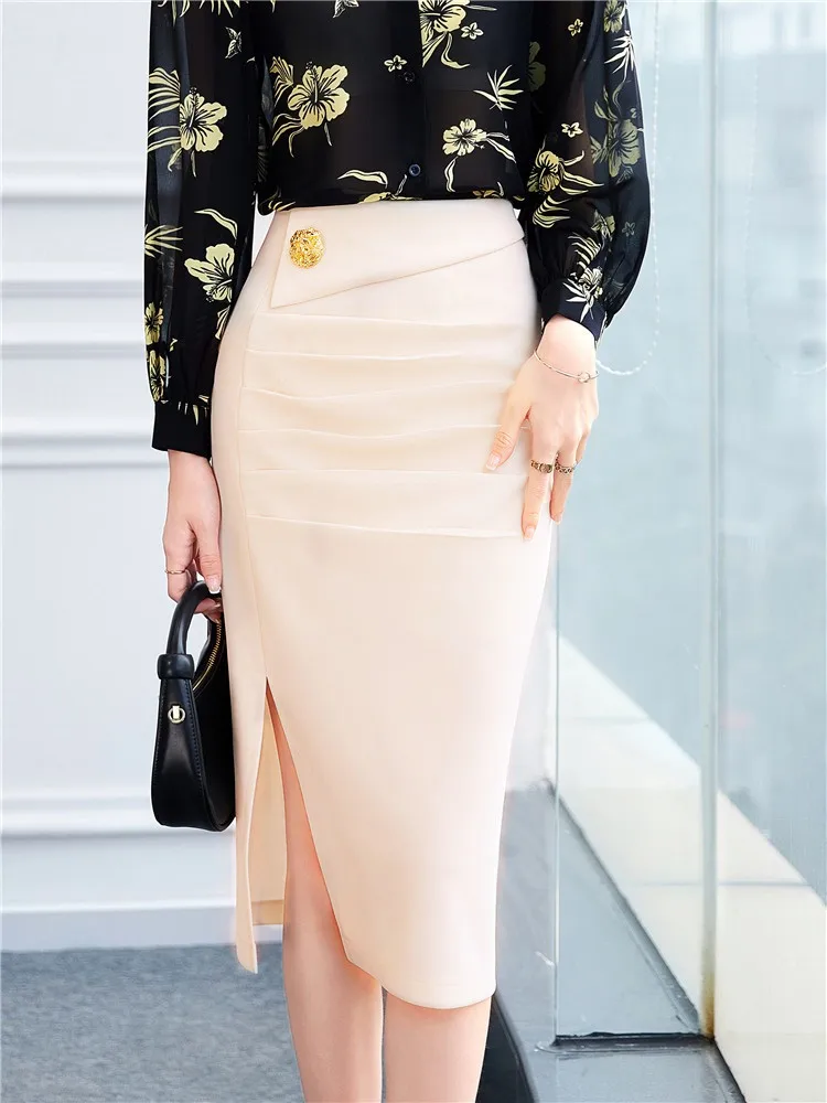 High Waist Skirts for Women 2024 Autumn Office Ladies New Fashion Slim Solid Side Slit Chic Casual Vintage Split Pencil Skirts