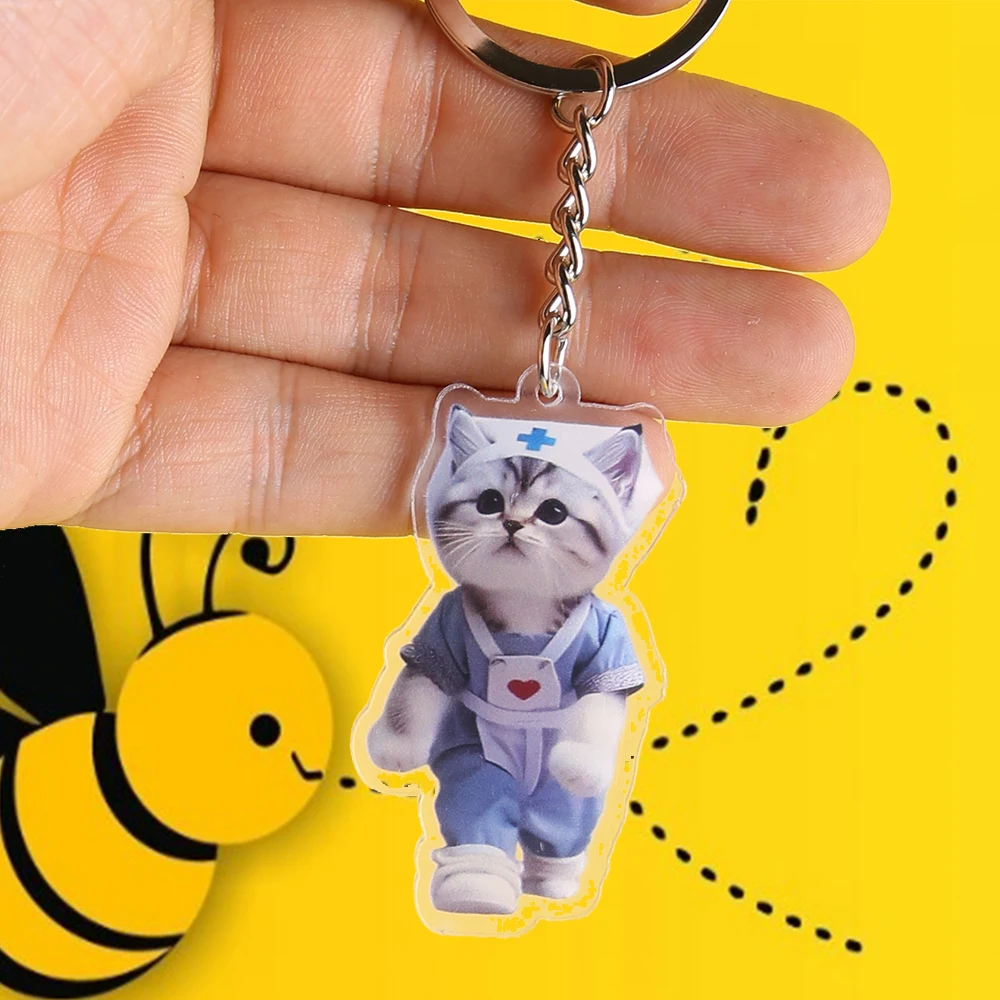 2D Acrylic Nurse Cat Keychain Student Gift Bag Lanyard Women's Bag Pendant Keychain Cute Things Cheap Gift For Best Friends