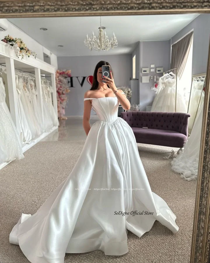 Sodigne a linha vestidos de casamento fora do ombro cetim simples sem mangas vestido de noiva personalizado elegante vestido de noiva novia