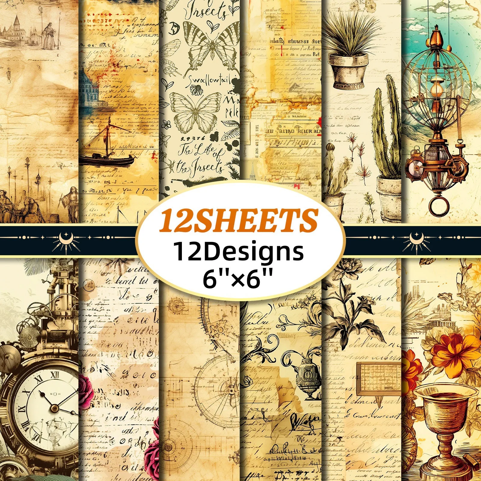 

12 листов/набор: винтажные часы для путешествий, цветочный пейзаж, дизайнерская бумага для творчества, скрапбукинга, коллажей, канцелярских принадлежностей
