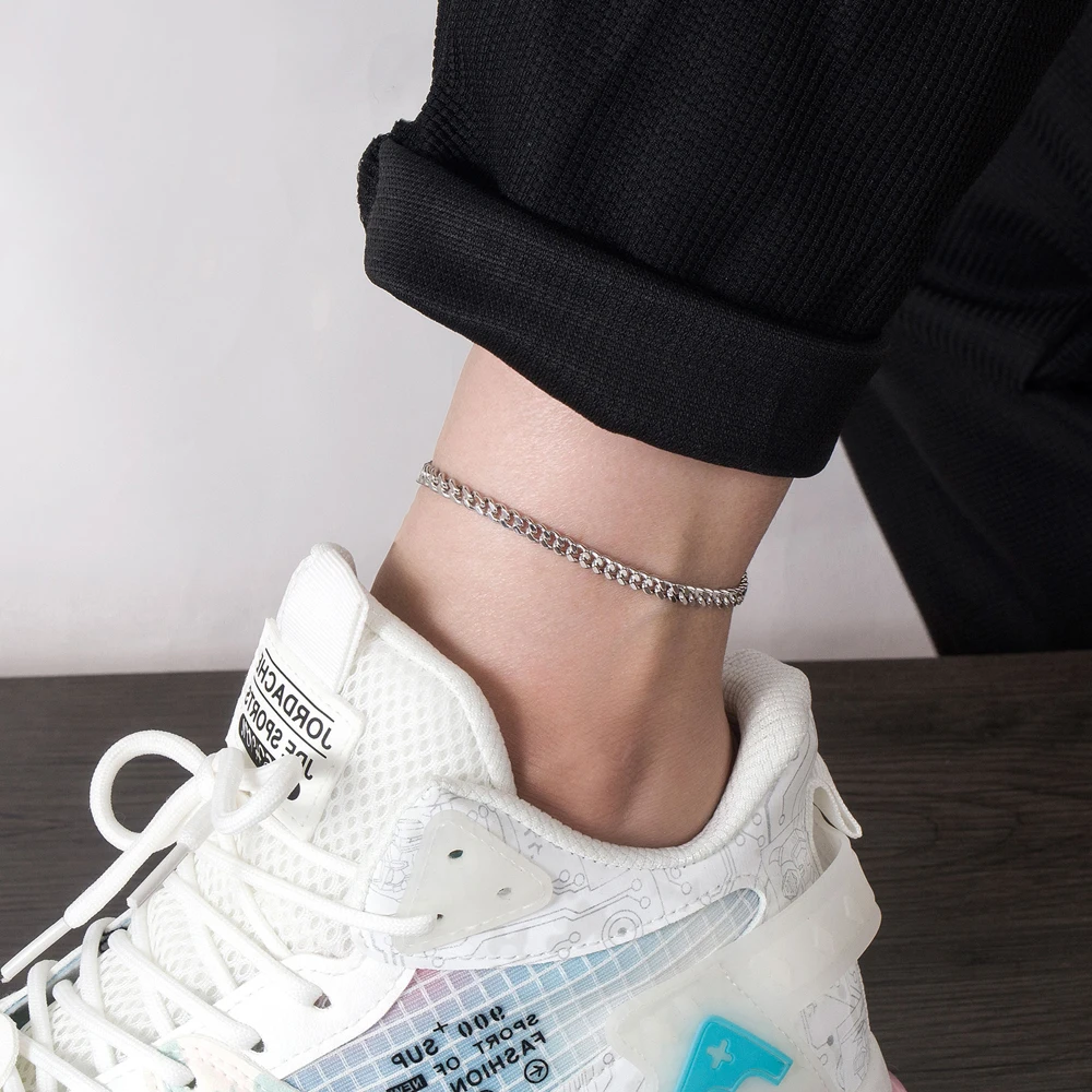 Women\'s 3mm 4mm Sterling Silver Cuba Chain Anklet Set Ankle Bracelet Leg Foot Chain Beach Charms Fine Jewelry for Females