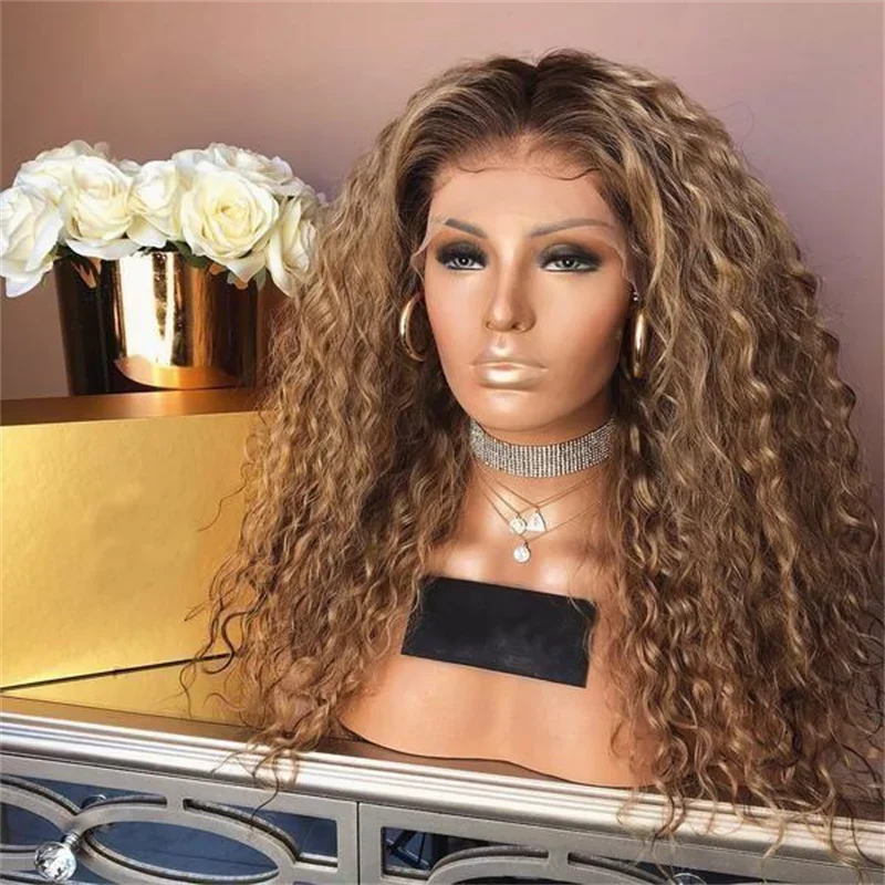 

26Inch Kinky Curly Lace Front Wig Soft Long Ombre Blonde For Black Women With Baby Hair Synthetic Preplucked Glueless Daily