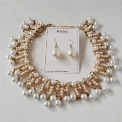 2024 New Fashion Faux Pearls Choker Necklace Earrings Women Jewelry Sets Indian Crystal Rhinestone Statement Big Collar Necklace