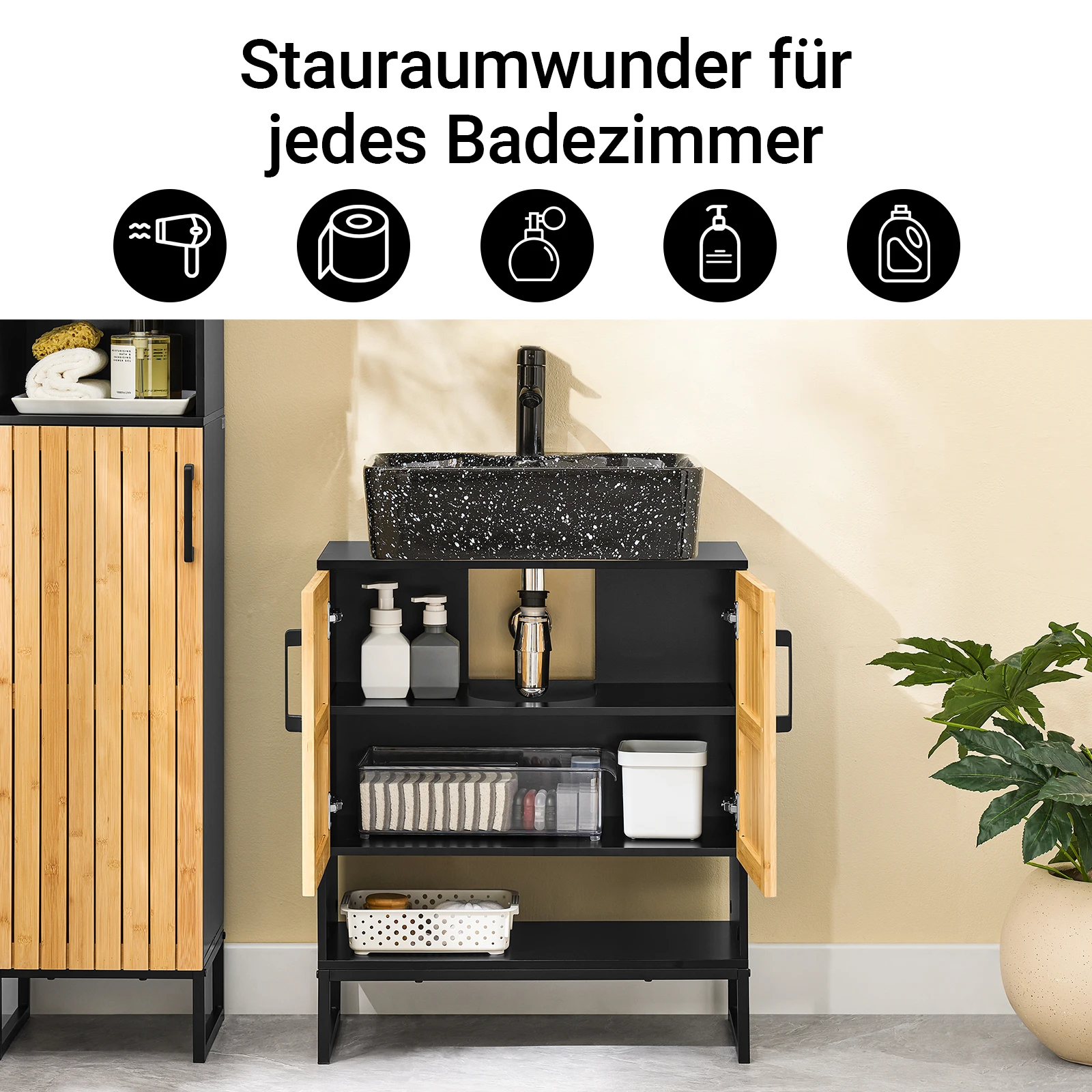 SoBuy BZR202-SCH Waschbeckenunterschrank 60 cm breit mit Bambus Tür & Metallfüßen höhenverstellbare für kleine Bäder Gäste WC – Detail 6