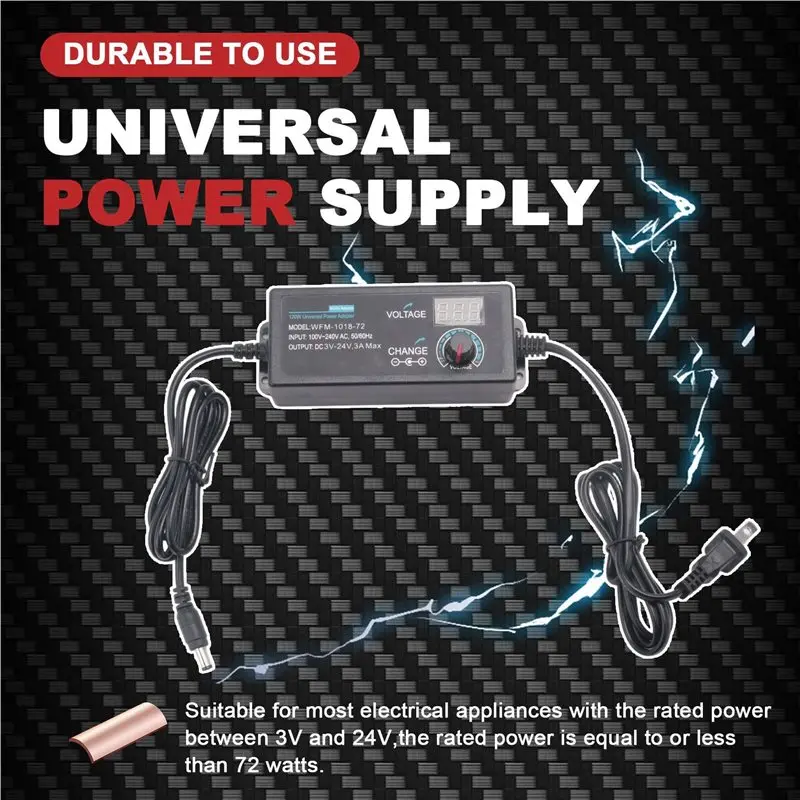 ABRU-2X Power Supply 3V-24V 3A 72W Adjustable Variable 3V 5V 6V 9V 12V 18V 20V 24V AC/DC,100V-240V AC To DC Converter US Plug