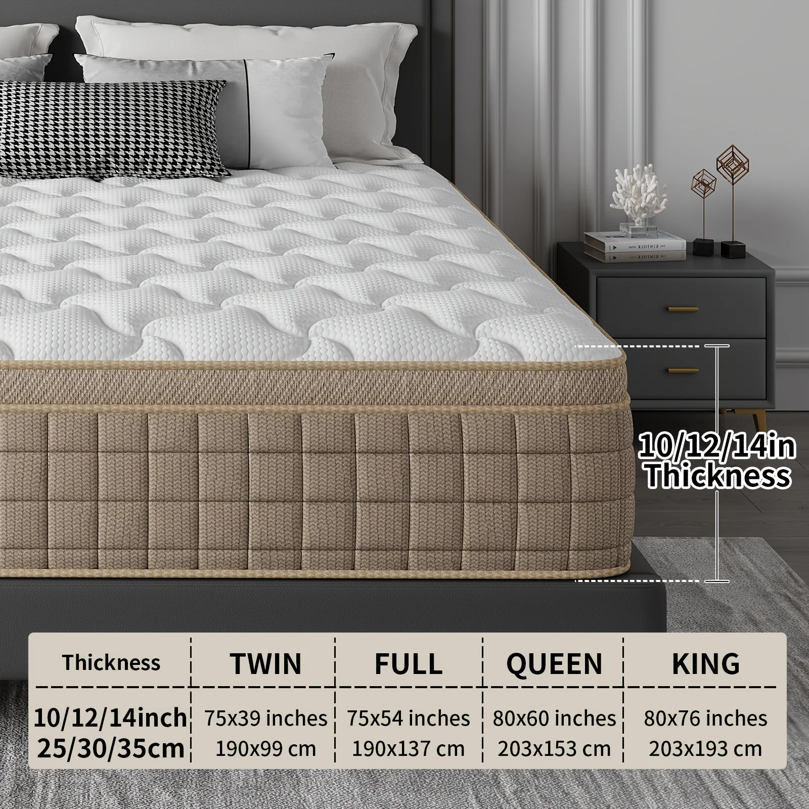 Heavy Duty Reinforced Mattress 10/12/14 Inch Queen Size Mattress, Medium Hardness Mixed Mattress, Independent Spring System Provides Strong Support, High-density Sponge And Protected Edges (Optional Sizes: Twin/Full/Queen/King)