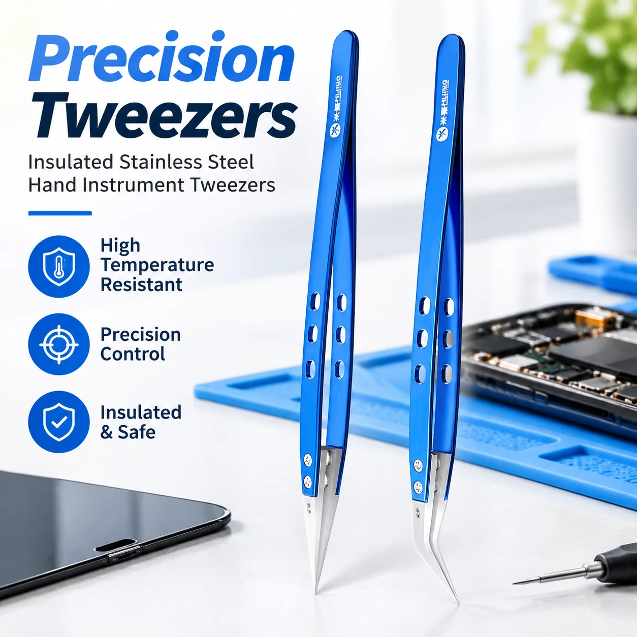 Insulated Precision Stainless Steel Hand Instrument Tweezers with Sharp Ceramic Tip, High Temperature Resistant, for Mobile