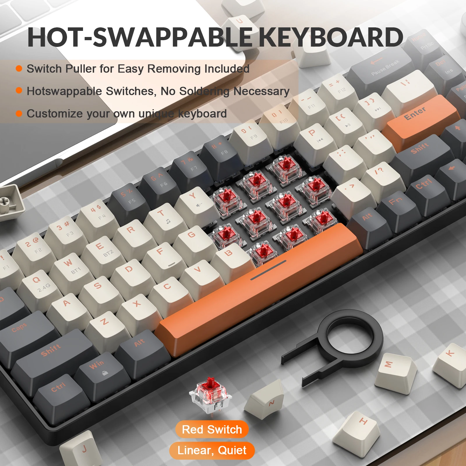 Imagem -04 - Tubarão de Ataque x Ziyoulang-k68 Teclado Mecânico sem Fio Layout de 68 Teclas bt 5.0 2.4g 2-em1 Usb-c Receptor Hot Swappable