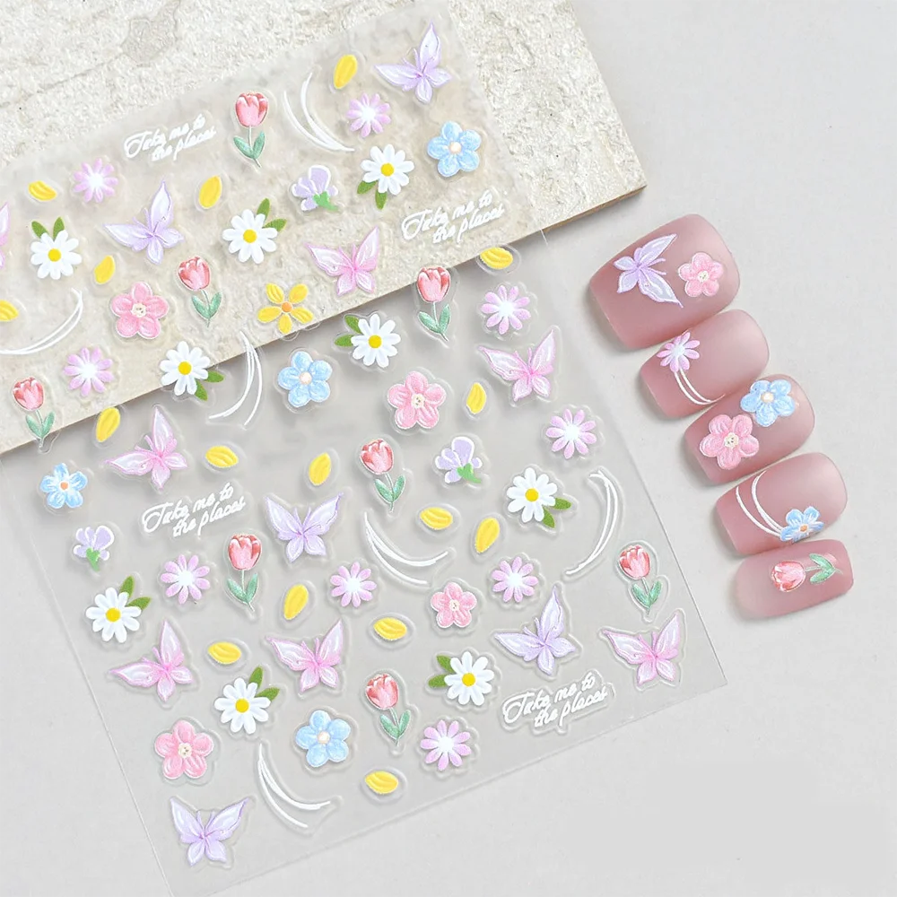 1sheet Macaron Flowers Butterfly Nail Art Stickers Nail Art Stickers Gradient Pencil Drawing Flowers Nail Decals Nail Decoration