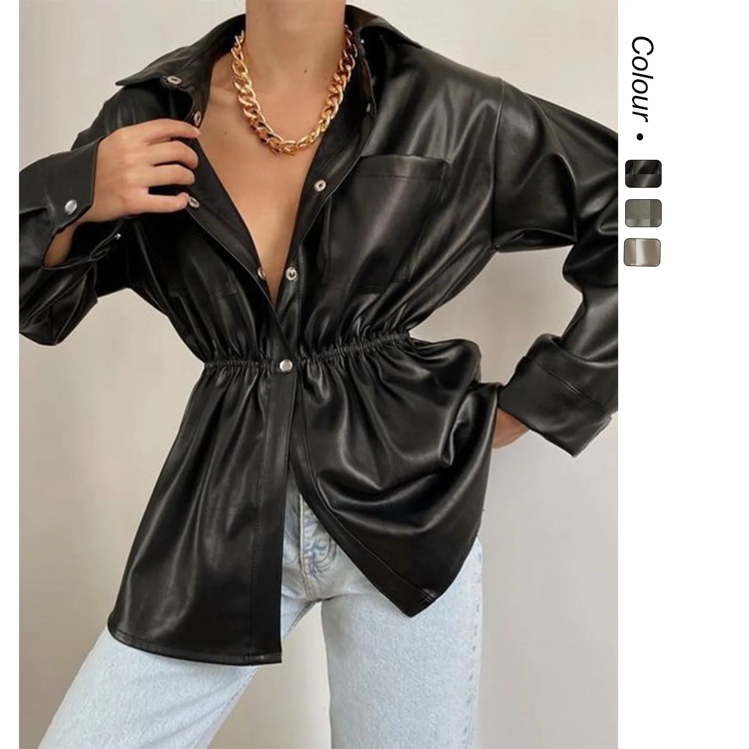 Casual Fashionable Women's Leather Jacket Waist-Cinching Single Button Spring Autumn New Style Thickened Cotton Youth Size
