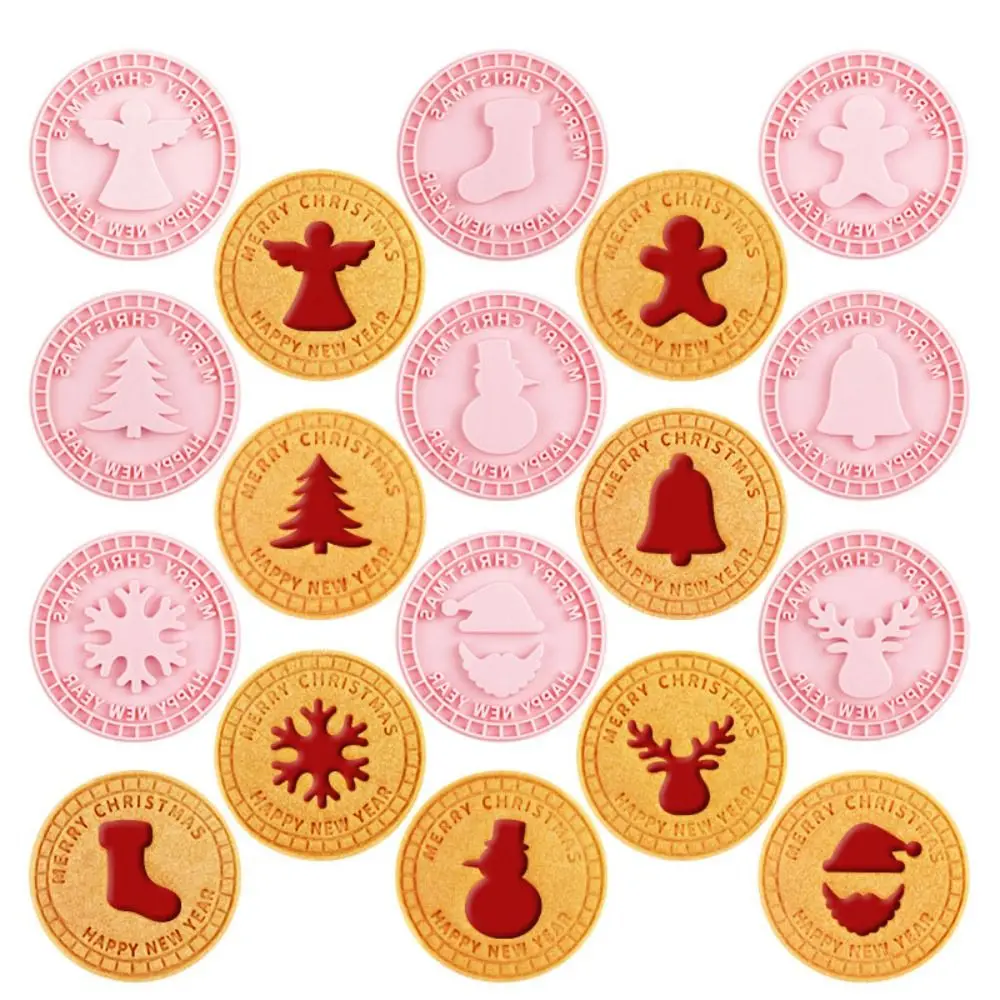 9Pcs Baking Tools 3D Christmas Cookie Cutters Plastic Santa Snowman Bell Elk Pattern Biscuit Mold Pink Cookie Stamp DIY