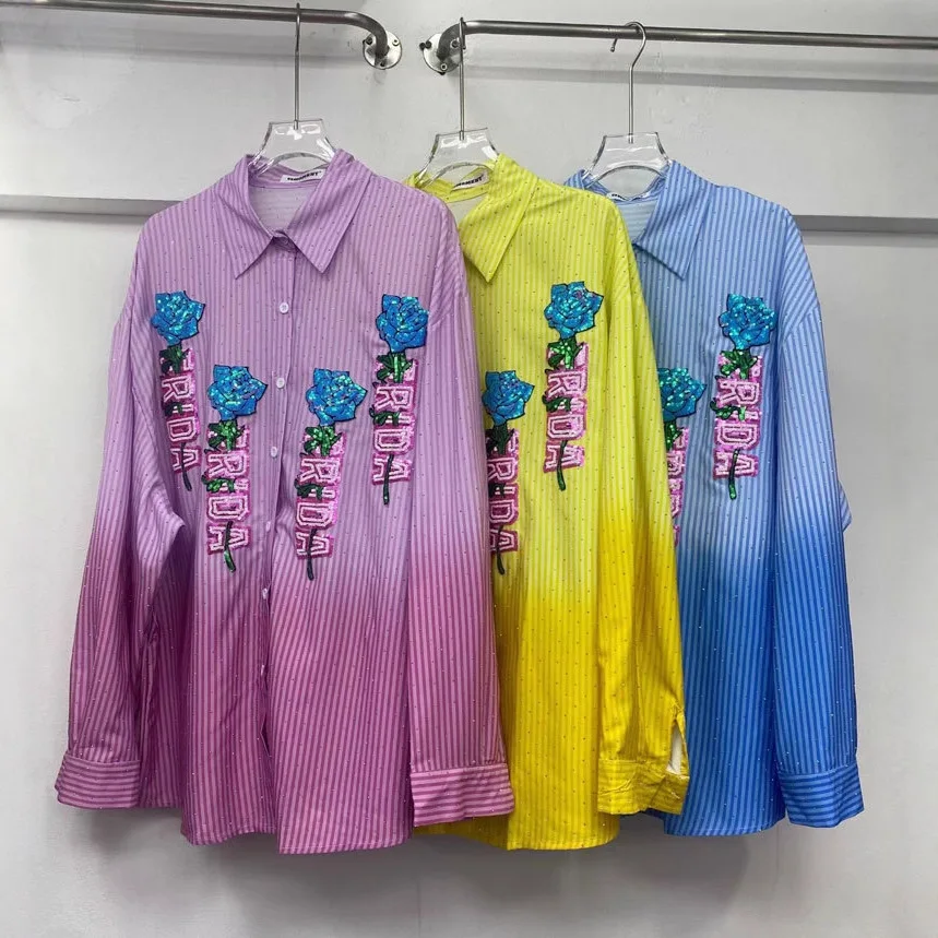Trendy Embroidery Sequins Letters Loose Cardigans Top New 2026 Spring Autumn Elegant Diamonds Mid-long Casual Stripes Shirts