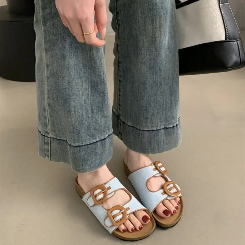 

Sandals of Women British Style Rome Comfy Soft Leather Summer Sandalias Metal Buckle Casual Slipper Flat Platform Sandals