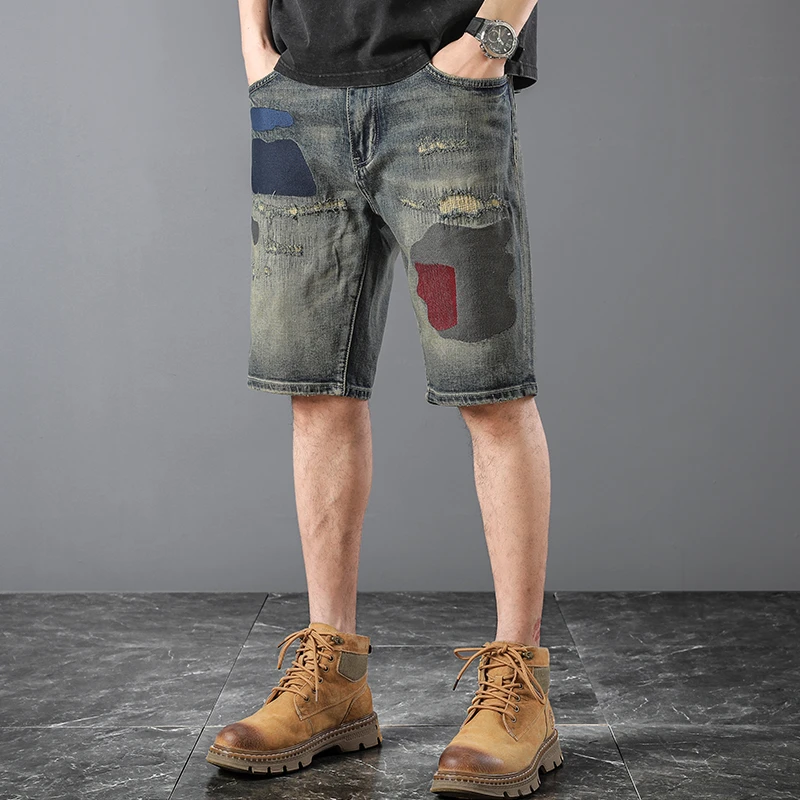 

1012 denim shorts, men's light luxury five-inch pants, embroidered straight-leg, versatile, trendy, fashionable, ripped fashion