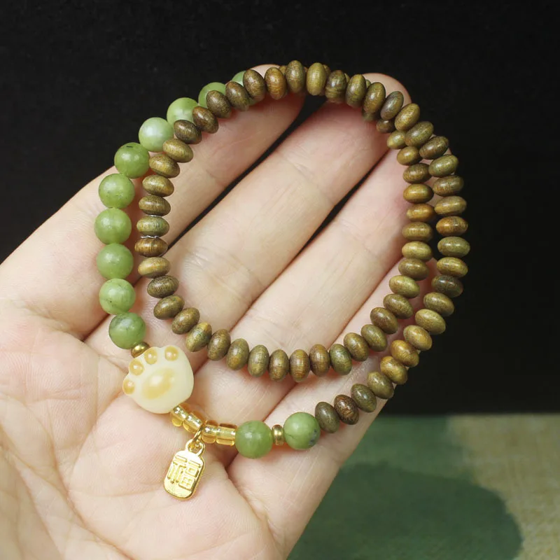 

Green Sandalwood Abacus Bead Double Loop Bracelet with Fortune Tag for Women Buddhist Prayer Beads Jewelry Gifts