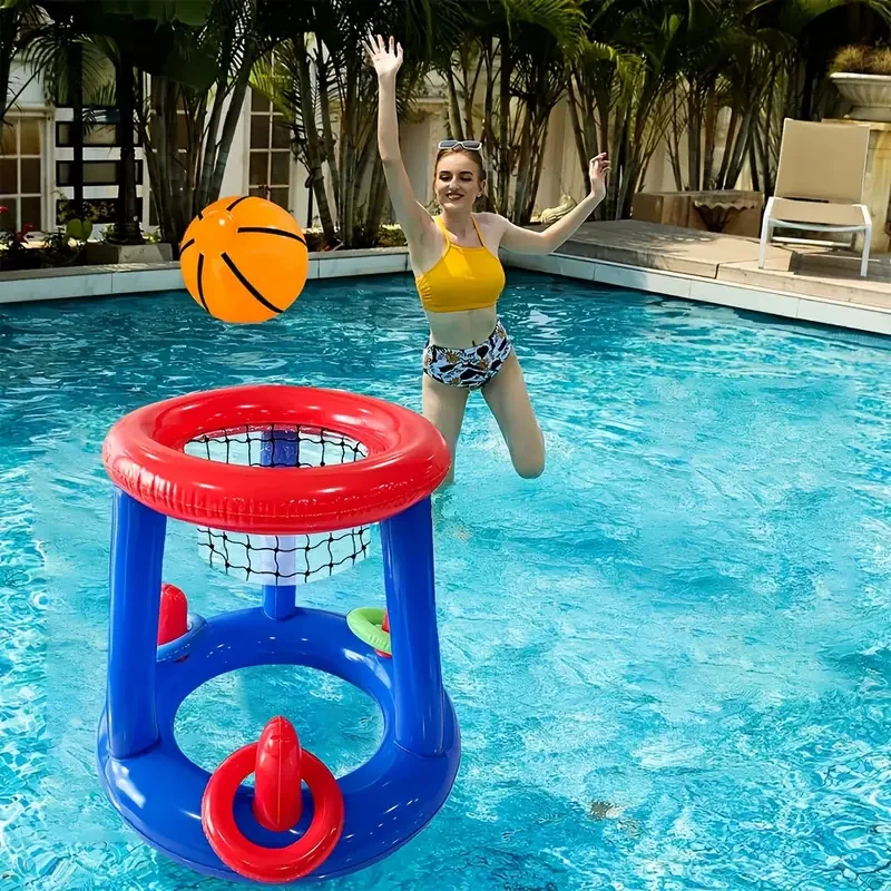 1 Set of Inflatable Basketball Hoop Ring Game with Throwing Rings Small Basketball PVC Ball Suitable for Party Entertainment