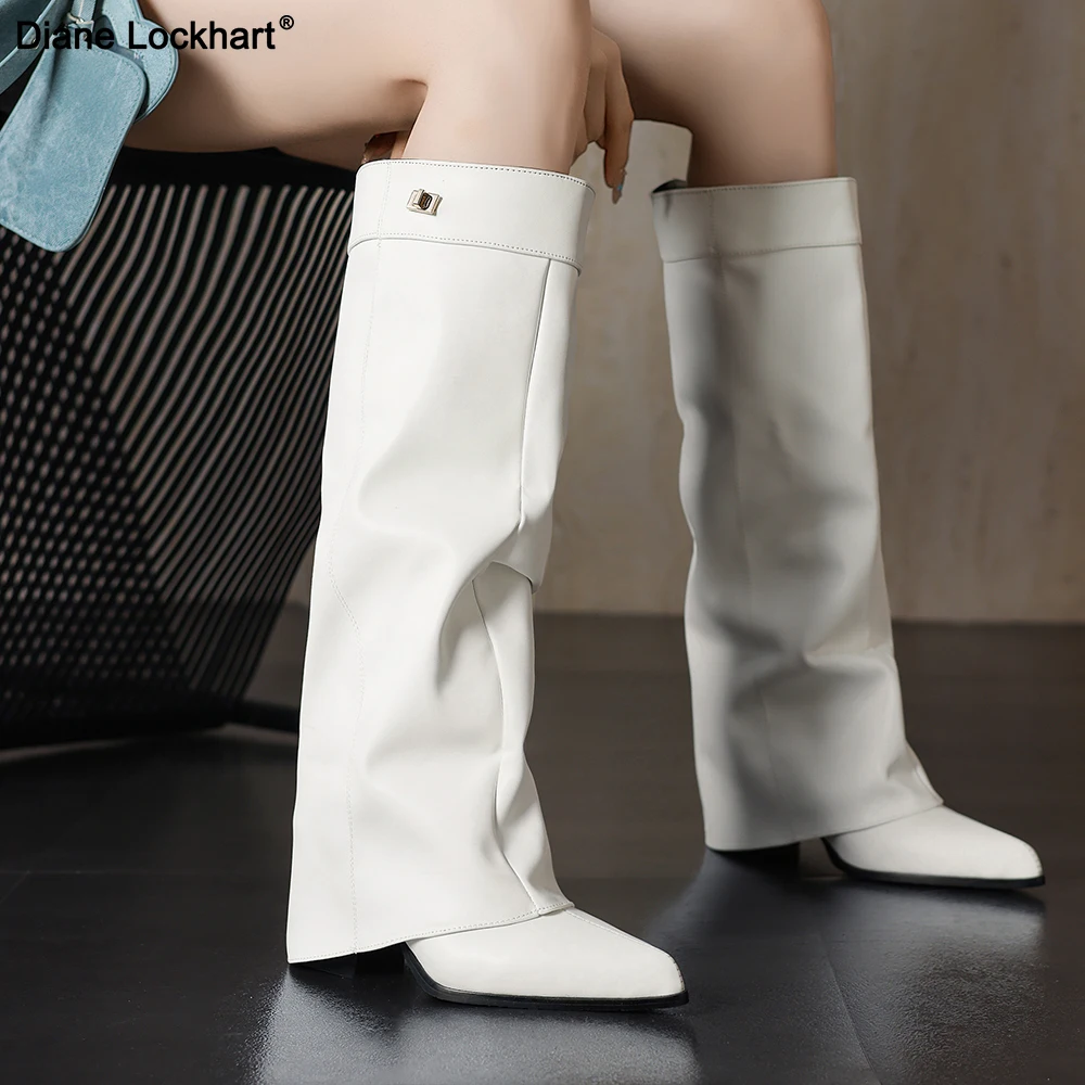 

Punk Pointed Toe Knee High Boots for Women Fashion High Heel PU Leather Autumn Winter Long Botas Mujer 36-43