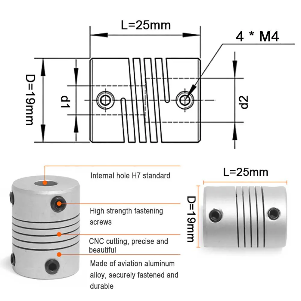 D19xL25 Aluminium Flexible Shaft Coupling Rigid 3 4 5mm 6mm 6.35mm 8mm 10mm CNC Stepper Motor Coupler Encoders Engraving Machine