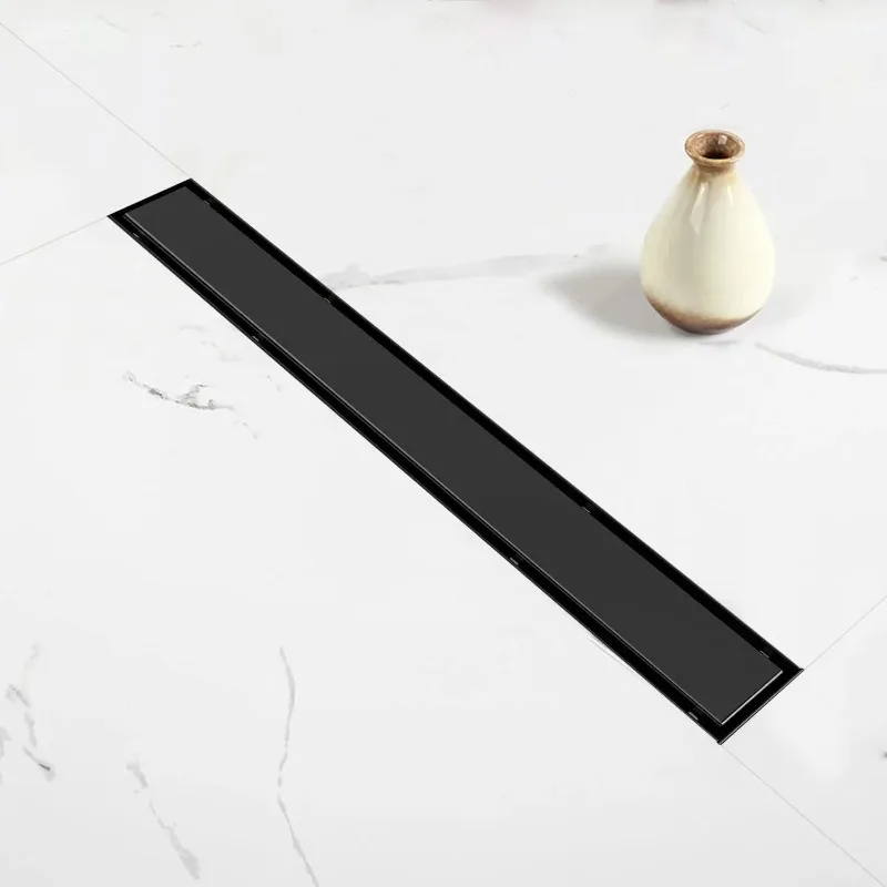 Black Linear Shower Drain 2-in-1 Panel Adjustable Hair Strainer Brushed 304 Stainless Steel Floor Drain Insert 12 18 24 36 Inch