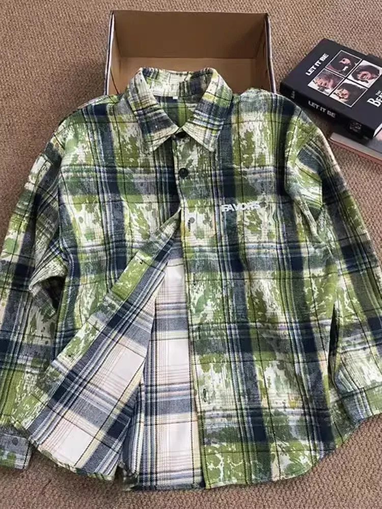 Green Plaid Shirt Men's Spring Fashion High-End Feeling Knot Dye Collar American Style Jacket Loose Fit Youthful Trend Polyes...