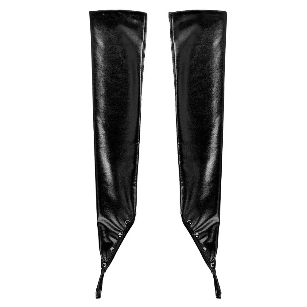 Fingerloses Design Damen-Latex-Handschuhe, lange, glänzende Oberfläche, metallische Handschuhe, dehnbares Material, Nieten-Detail, Wetlook-Handschuhe