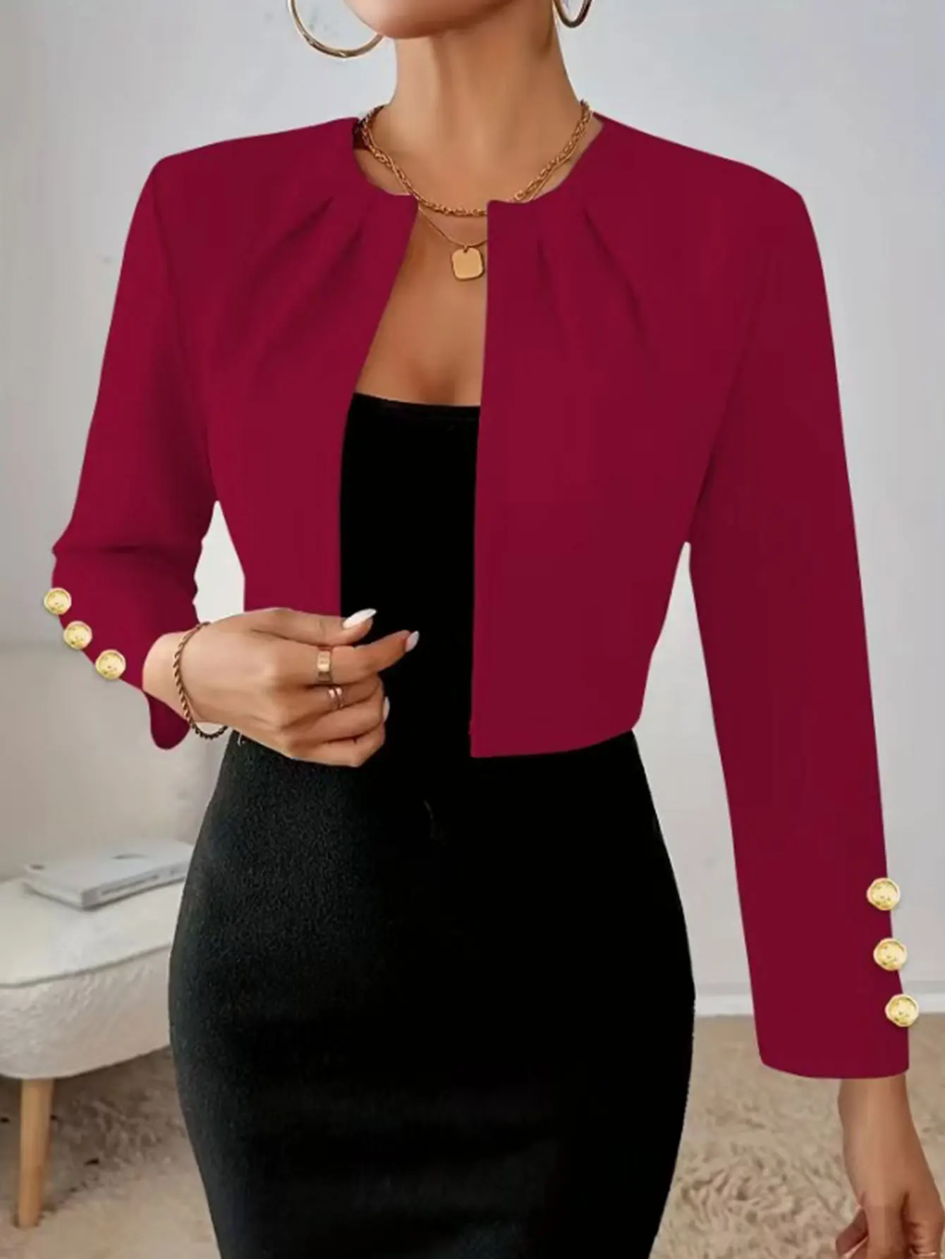 

Women's Blazers Summer Office Lady Simple Fashion Open Front Button Plain Cropped Long Sleeve Crew Neck Daily Blazers