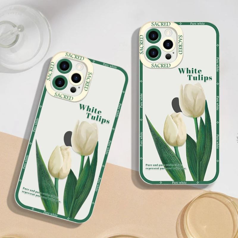 Capa de Telefone Tulipa Minimalista para iPhone, Anti Drop, Capa Protetora Traseira, Bela Flor Padrão, Novo, 15, 14, 13 Pro Max