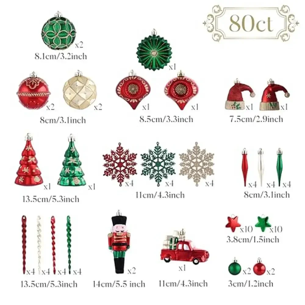 80ct Traditional Red Green Gold Shatterproof Christmas Ball Ornaments Set Tree Decoration American Country Theme Holiday Hanging