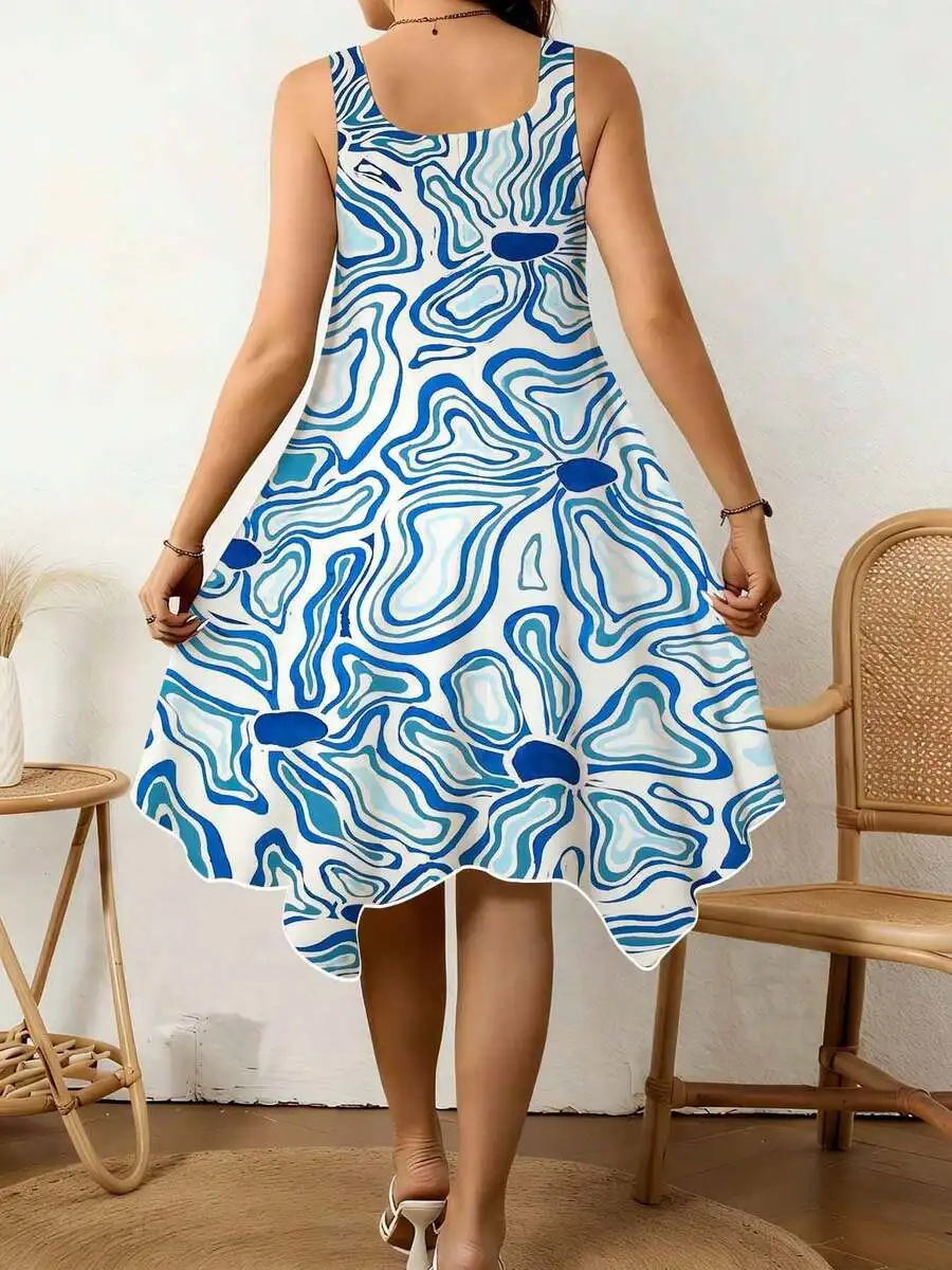 

Blue And White Abstract Pattern Women Sleeveless Dress V Neck Irregular Hem Summer Casual Breathable