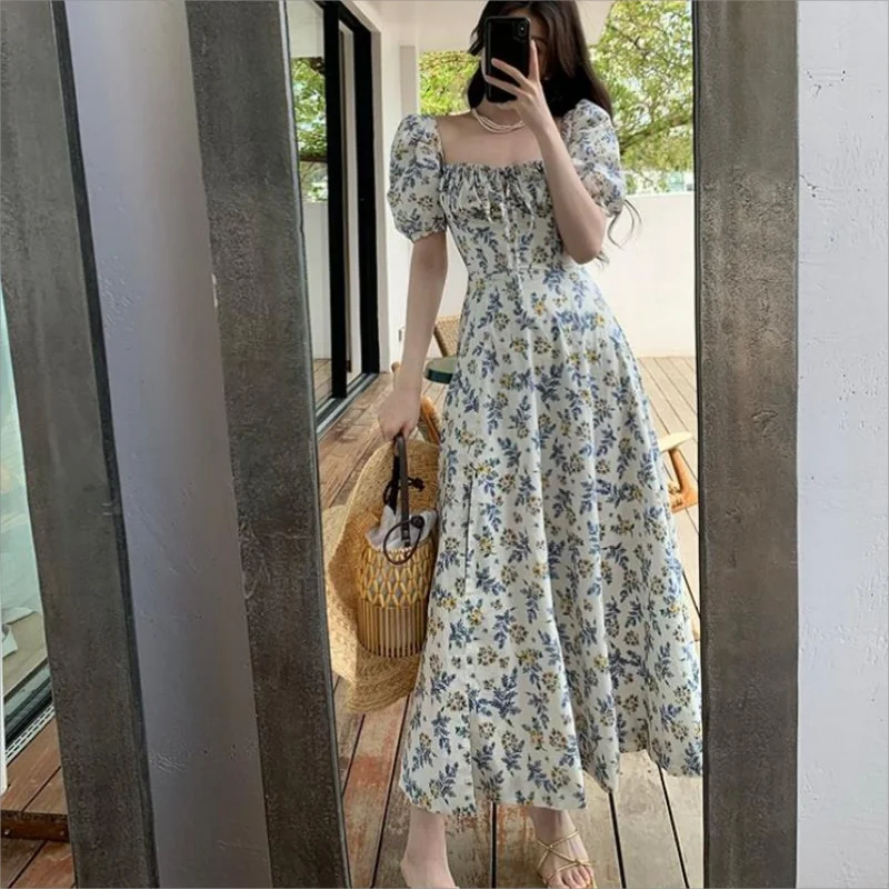 Abito Sexy con stampa floreale abiti da festa con spacco alto da donna manica corta a sbuffo elegante abito da Club con lacci Laides Maxi abiti estivi