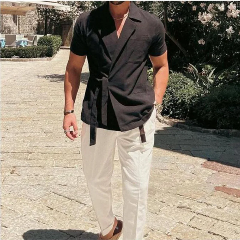 Men's Lace-up Short Sleeve Shirt French Summer New Casual Fashion Elegant Simple Solid Color Male Lapel T-shirt