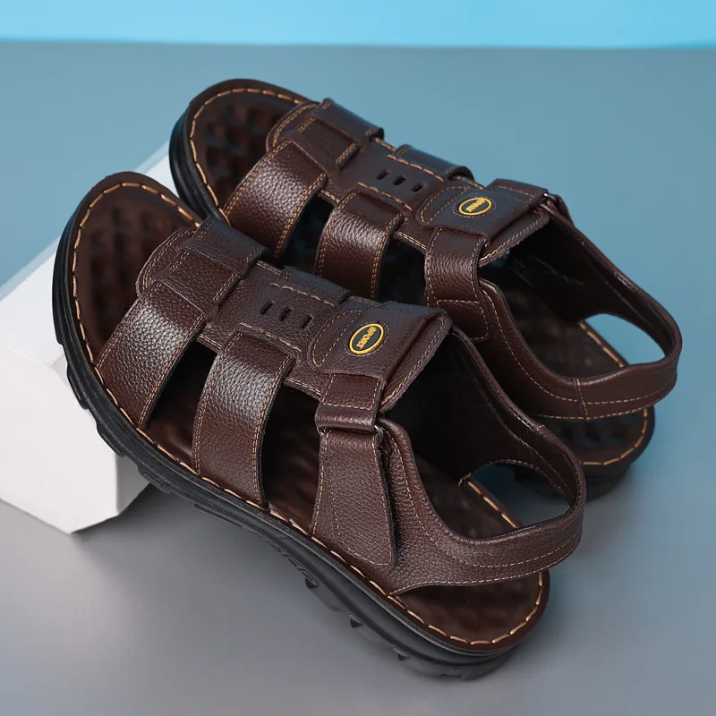 New Men's Sandals Genuine Leather Sandal Outdoor Casual Sandals Non Slip Beach Shoes for Men Driving Big Size