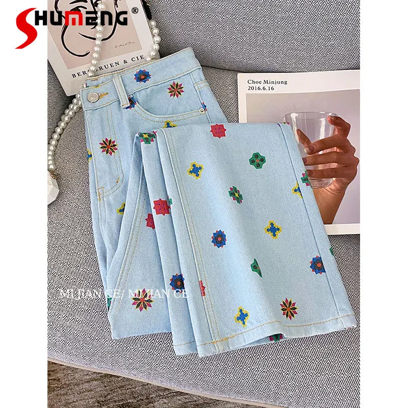 

Blue Floral Wide Leg Baggy Jeans for Women Spring and Autumn New Design Sense Printed High Waist Straight-Leg Denim Pants