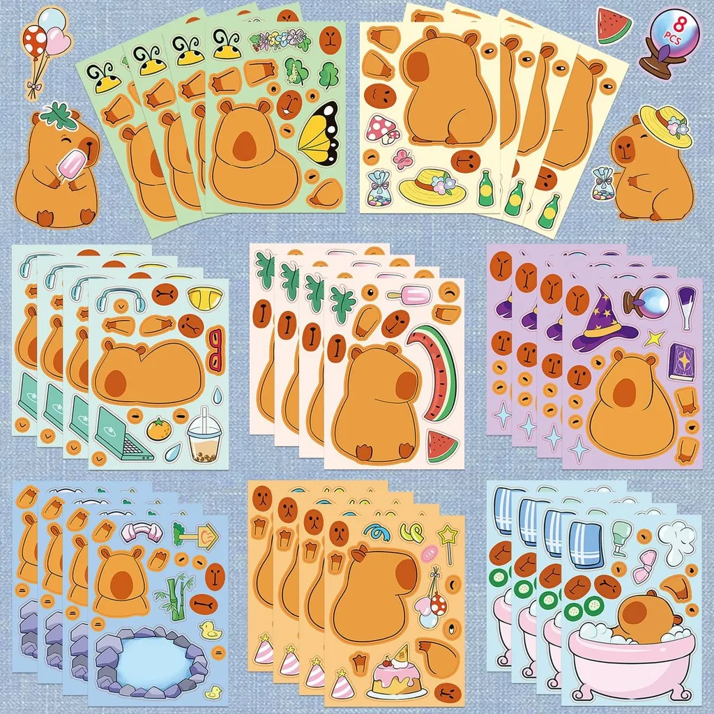 8 قطع من ملصقات ألغاز كابيبارا - ملصقات تعليمية تفاعلية بين الوالدين والطفل "صنع وجه" مقاومة للماء (متجر عوالم الرسوم المتحركة)