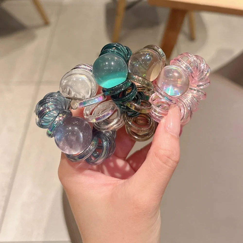 Girls Crystal Ball Hair Accessories Telephone Wire Elastic Hair Rubber Bands Transparent Spiral Hair Ties Rings Gum for Women