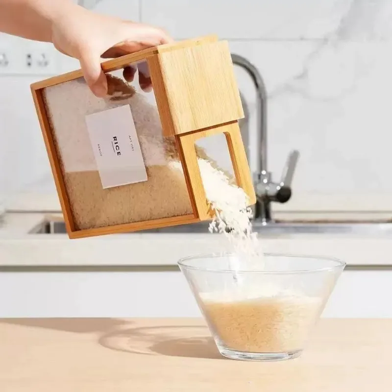 New Household Kitchen Bamboo and Wood Sliding Grain Storage Box Wooden Food Storage Box Dispenser 3