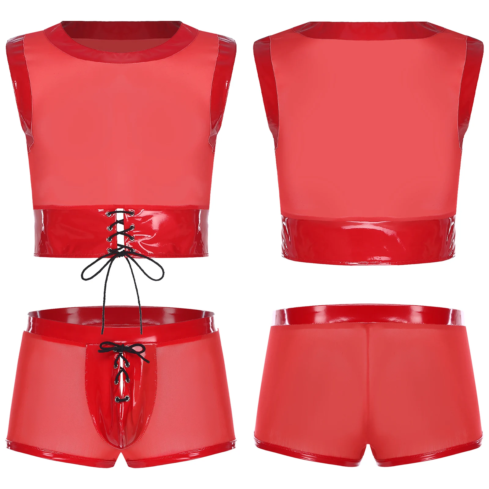 Mens 2Pcs Lingerie Sets See Through Mesh Outfit Round Neck Sleeveless Patent Leather Tank Tops with Bulge Crotch Briefs Shorts