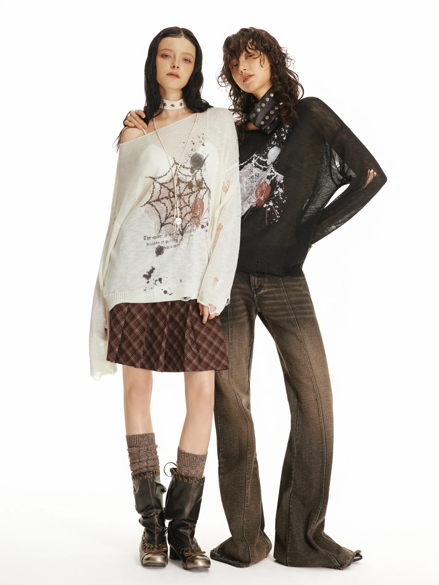 

Loose Fit Bamboo Knit Sweater with Spider Print Long Sve V-Ne Pullover Cool Casual Sle Women's Faion Autumn Wear