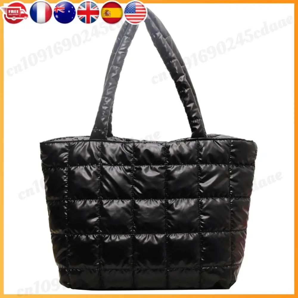 

Quilted Handbags Zipper Closure Women Girls Winter Shoulder Bag Gloss Surface Solid Color Bag Basic Style for Shopping Traveling