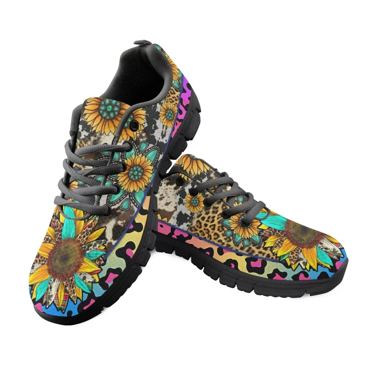 Trend Leopard Sunflower Design Women Personalized Sneakers Comfort Lace-up Flats Lightweight Round Toe Running Shoes for Ladies