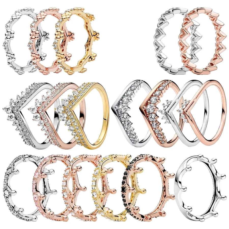 

New Hot Selling S925 Silver Sparkling Luxury Wishbone Crystal Crown Women's Logo Ring Wedding DIY Fashion Charm Jewelry
