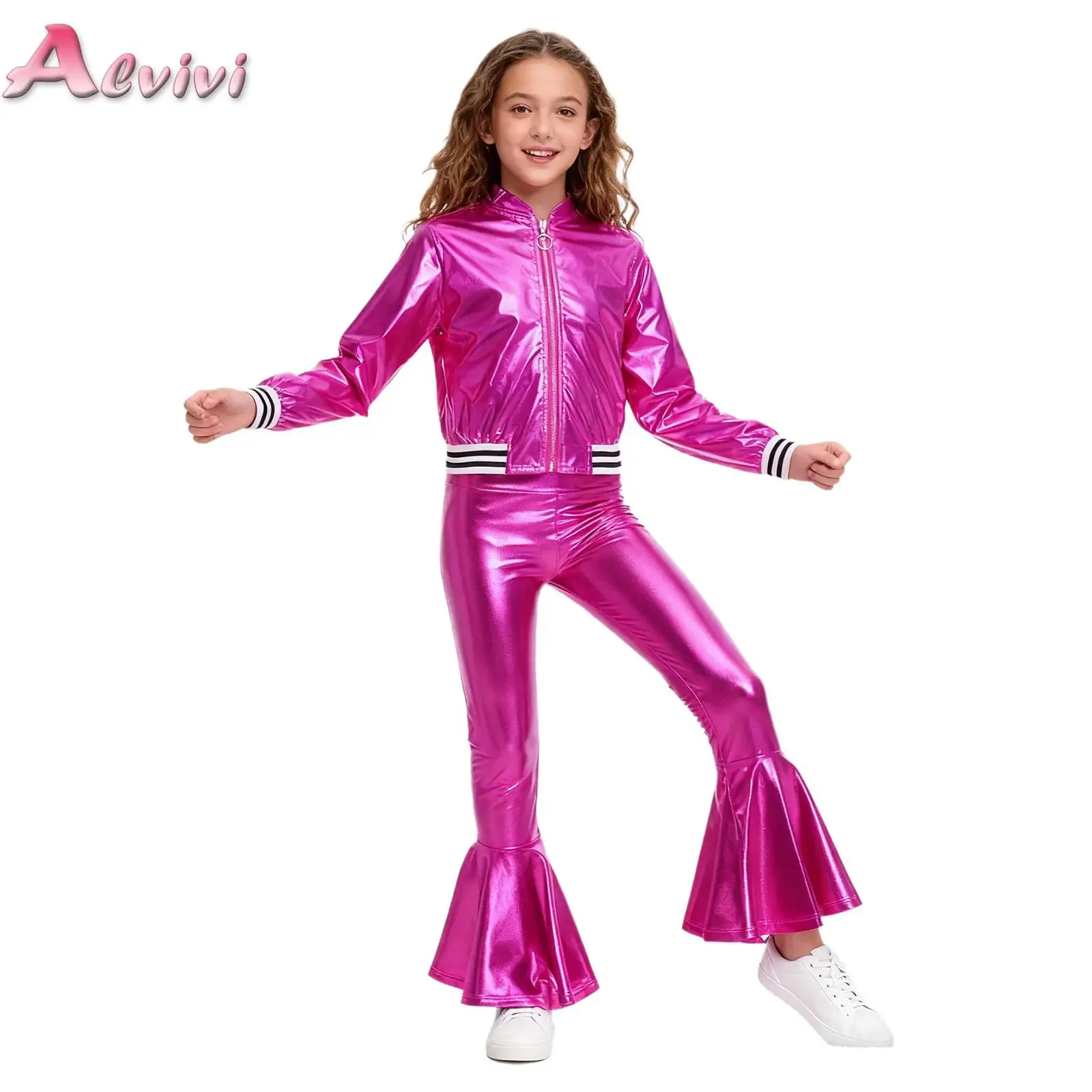 

Girls Shiny Hip-pop Jazz Dance Costume Metallic Bright Crop Jacket Coat with Pants Modern Performance Carnival Party Dancewear