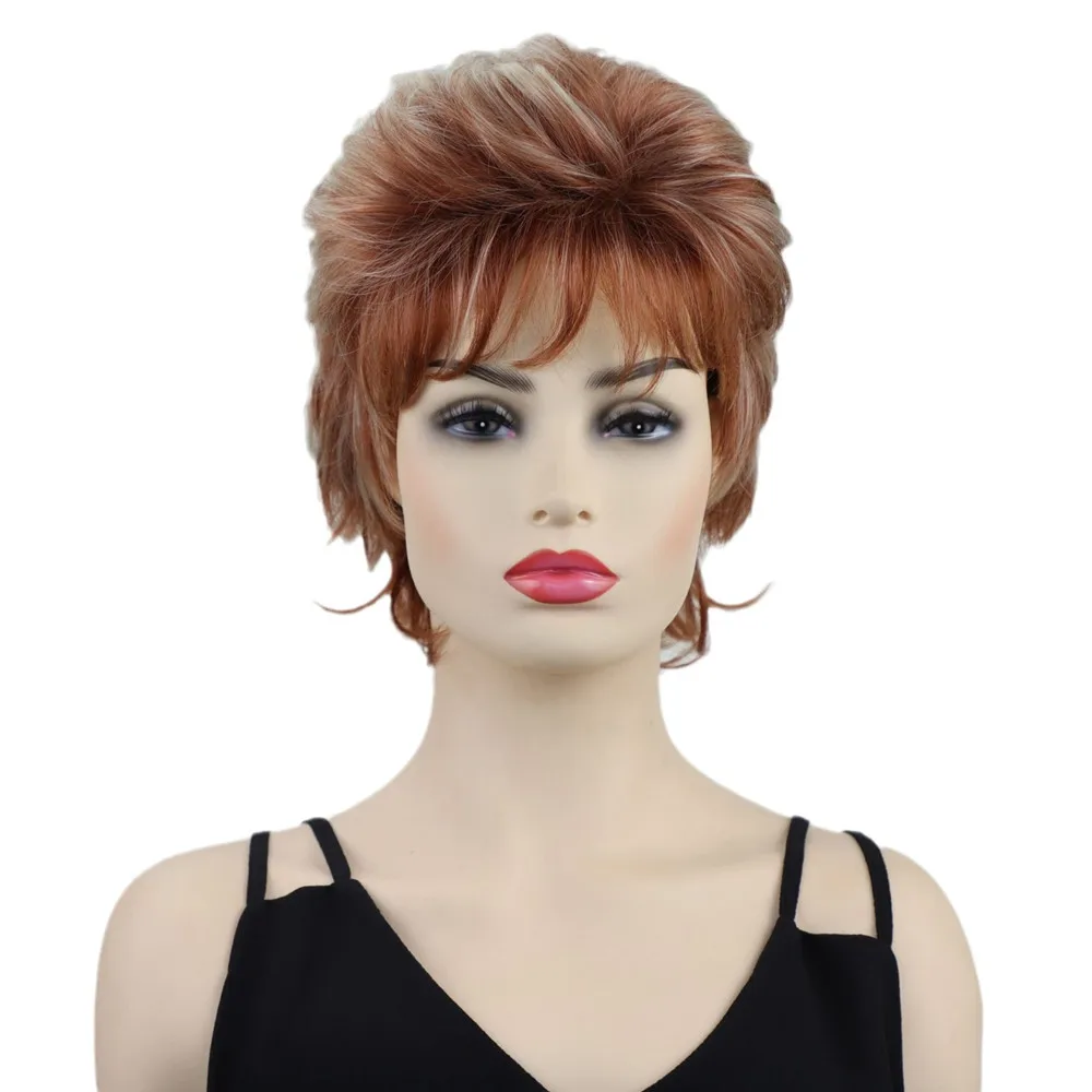باروكة نسائية قصيرة مجعدة منفوش بني أشقر مزيج من الألياف الاصطناعية المقاومة للحرارة قطعة شعر منفوشة مسبقًا للحفلات اليومية #6