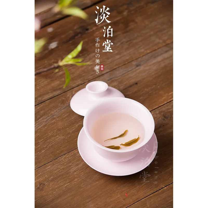 Jingdezhen Handmade High Temperature Color Glaze Peach Pink Gaiwan White Porcelain Egg-Shell Tea Brewing Bowl Quality Style