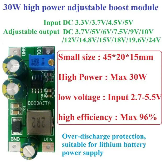 DD03AJTA 30W Adjustable Step-Up Module DC 2.7-5.5V to 3.5-24V DC-DC Boost Converter Board for 18650 lithium battery LED Motor